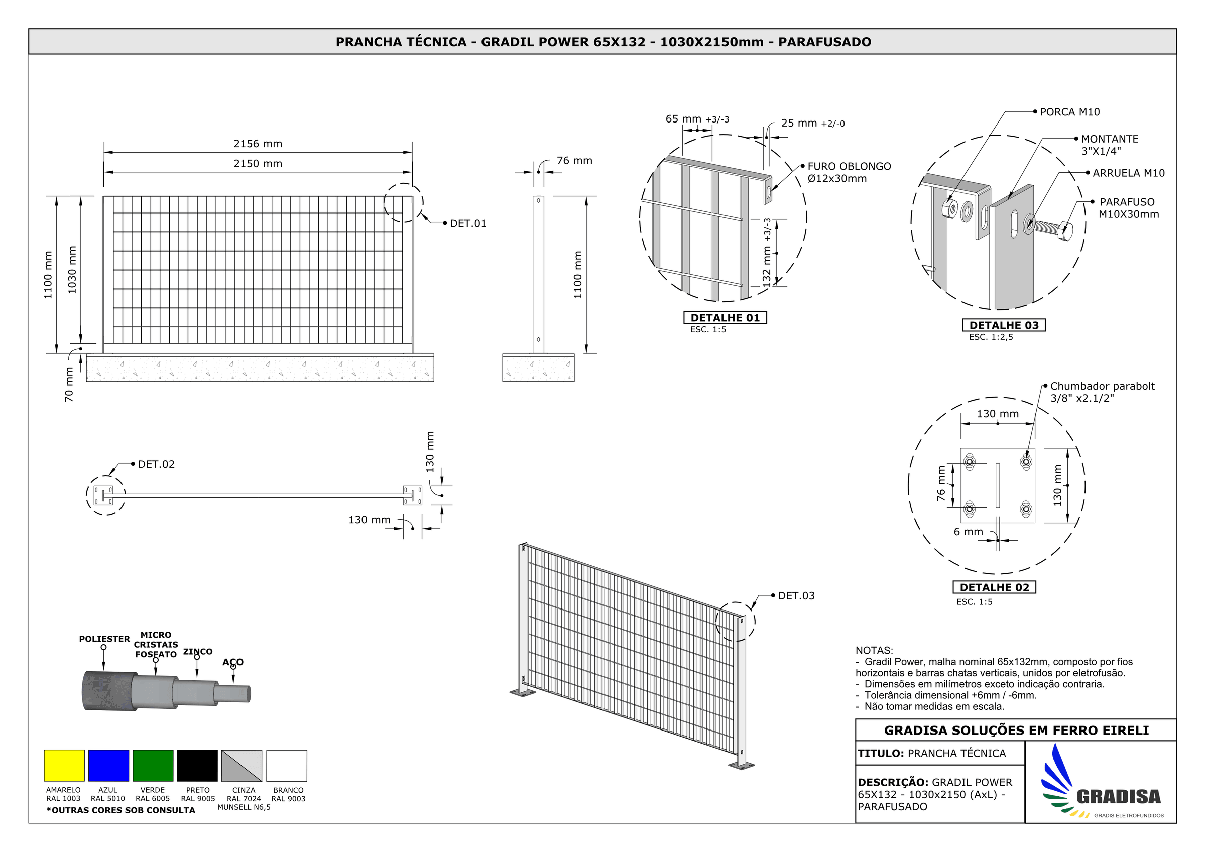 Prancha técnica — Gradil Power 1,03 m (1030 × 2150 mm), acabamento cinza claro