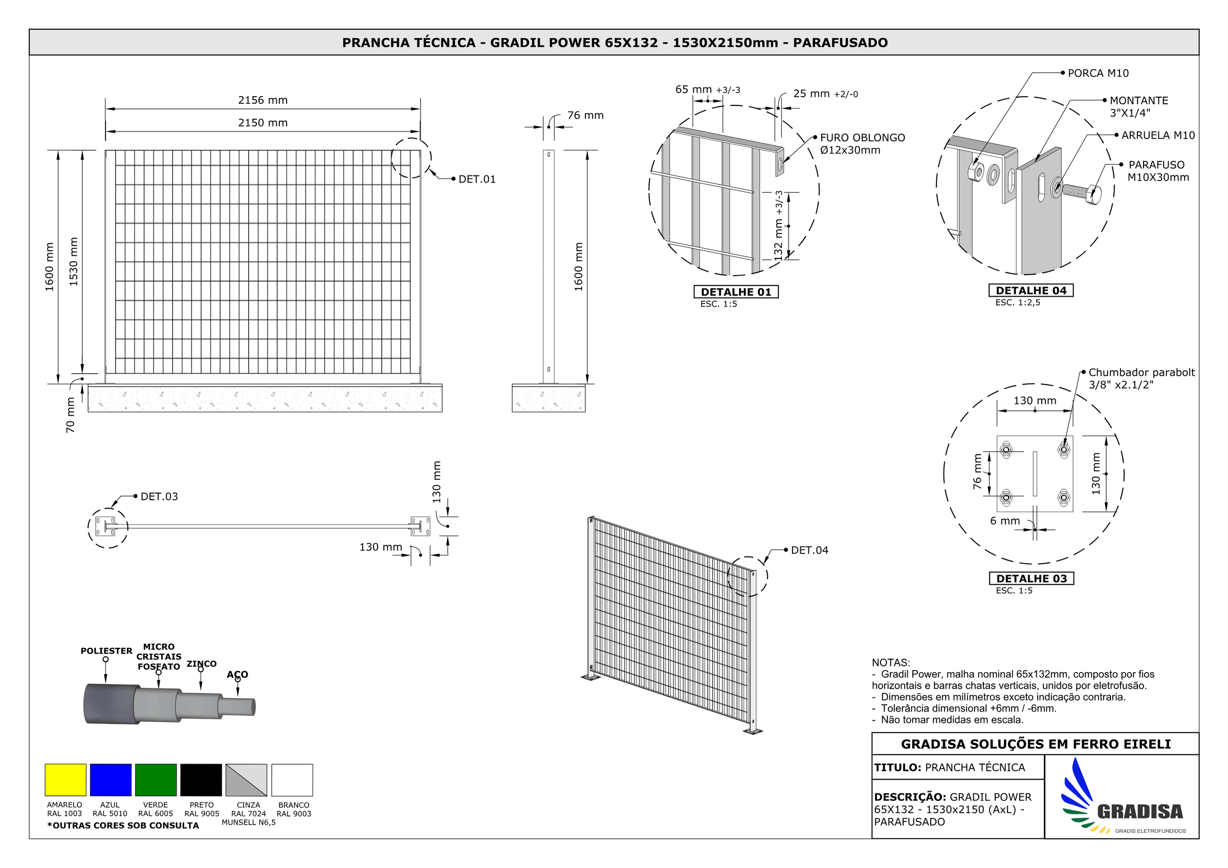 Prancha técnica — Gradil Power 1,53 m (1530 × 2150 mm), acabamento branco