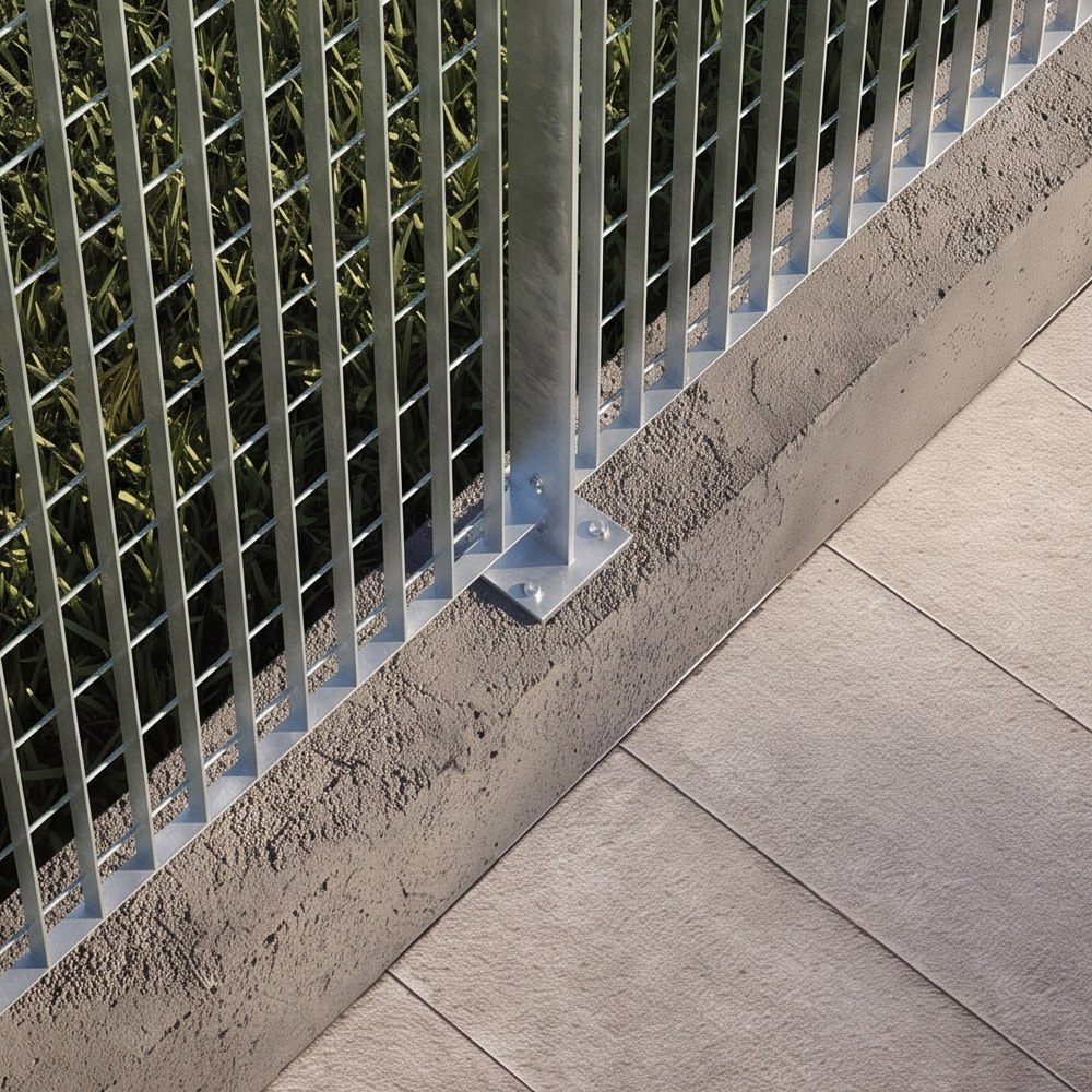 Base do montante ferro chato parafusada na mureta — Gradil Power galvanizado